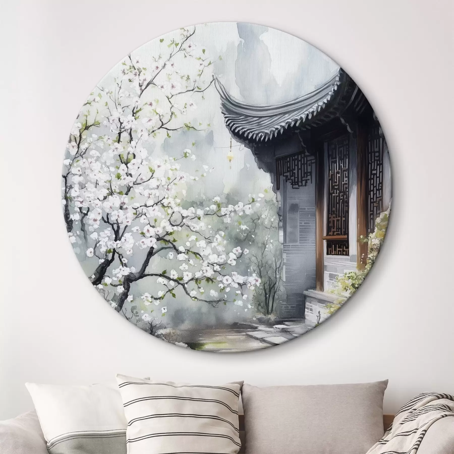  Schilderijen Japanse tuin met kersenboom en huis, oosters, aquarelstijl r44309