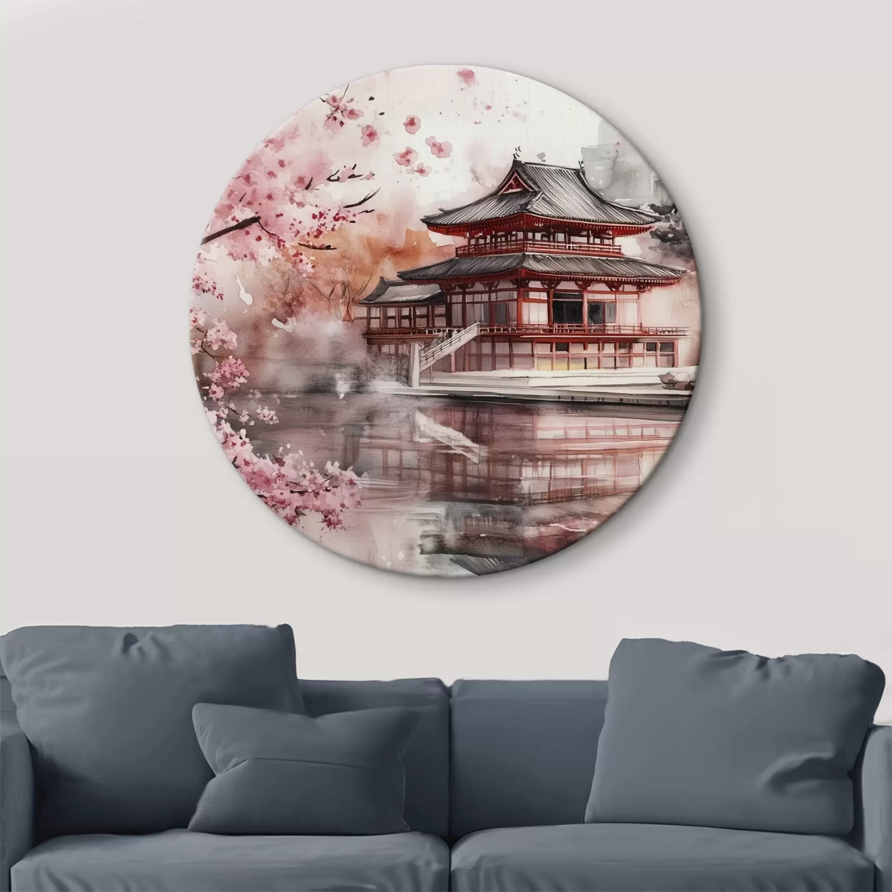  Schilderijen Prachtig Japans landschap met bloeiende kersenboom en huis aan het meer r44310