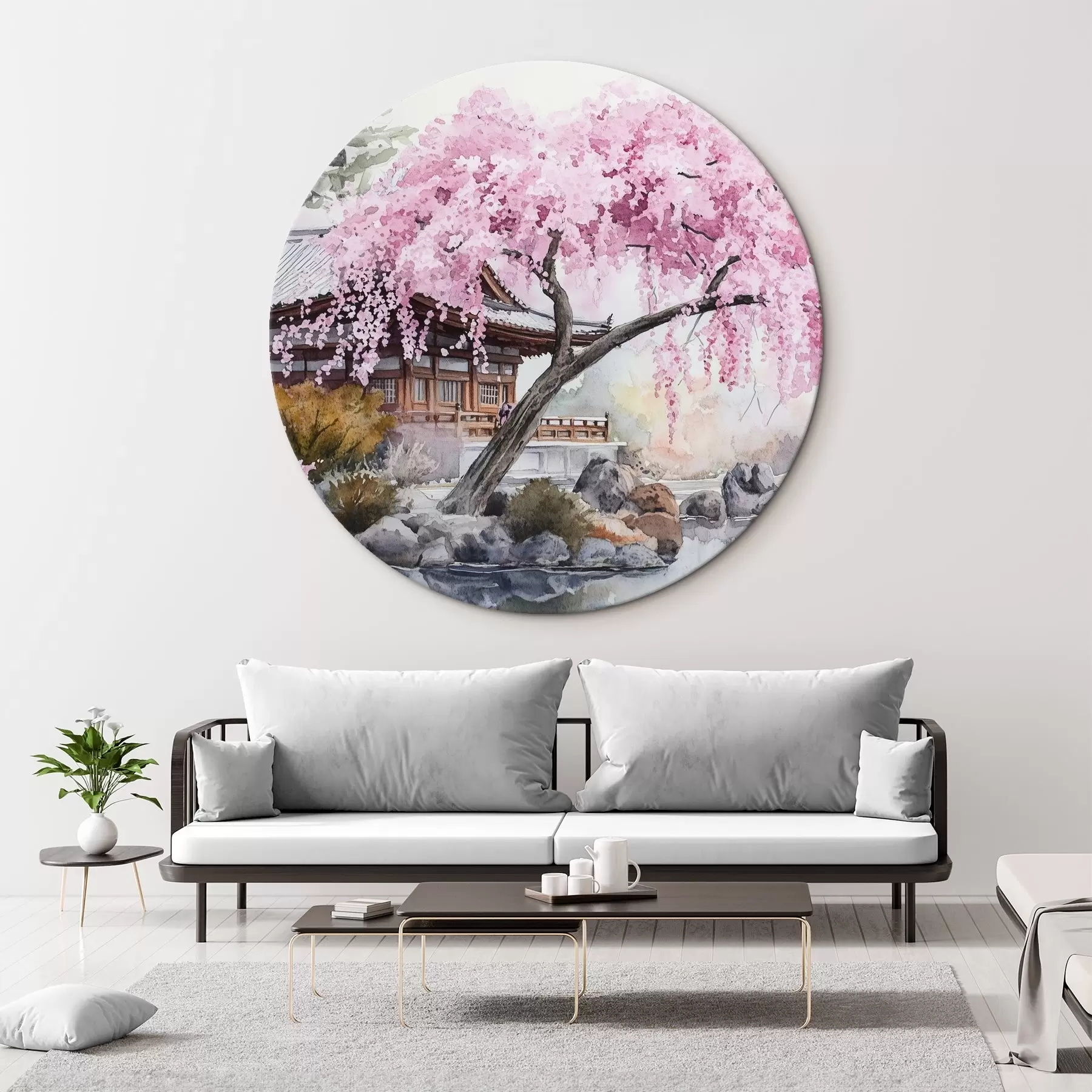  Schilderijen Roze kersenboom bij huis aan het meer, Japan, oosters, aquarelstijl r44312