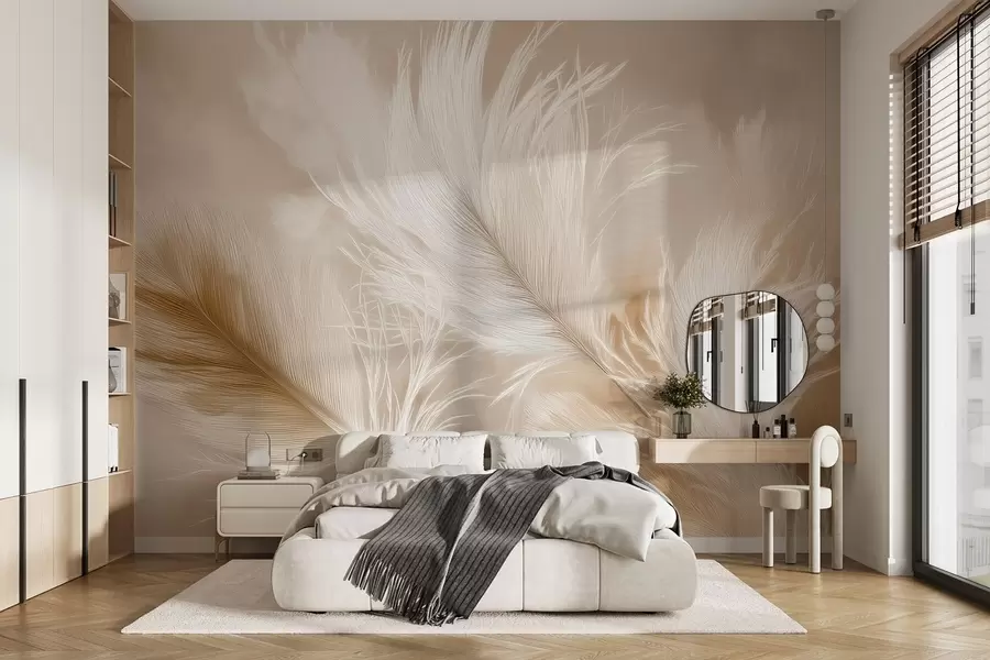 Fotobehang Vliegende luchtige veren op een beige achtergrond w09102