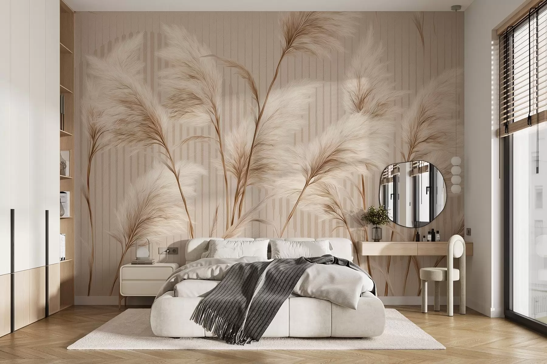 Fotobehang Pampagras tegen een achtergrond van lijnen in beige tinten w09104