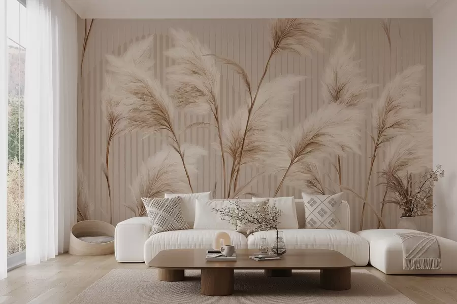 Fotobehang Pampagras tegen een achtergrond van lijnen in beige tinten w09104