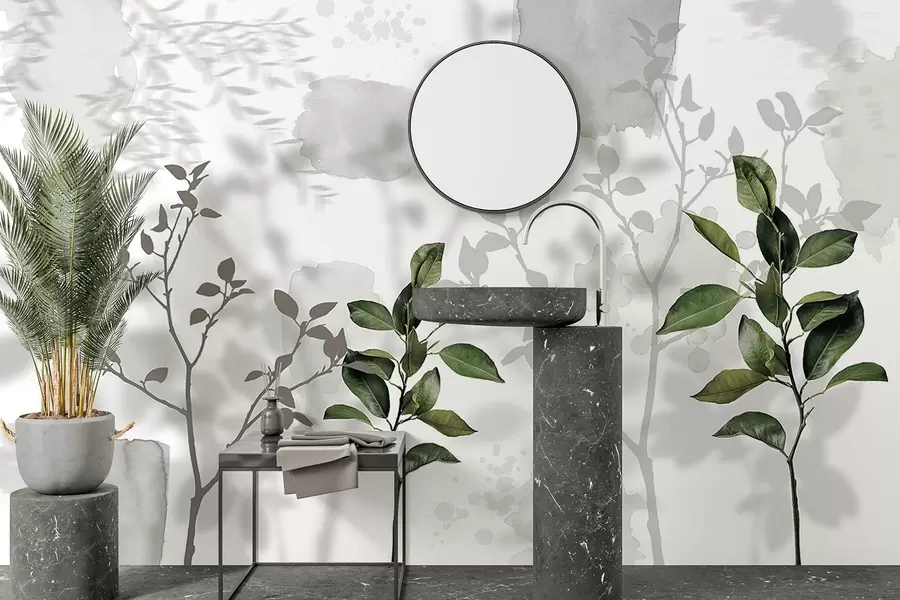 Fotobehang Citroenboom bladeren, boomtakken schaduwen, natuur, aquarel, groen w03910v1