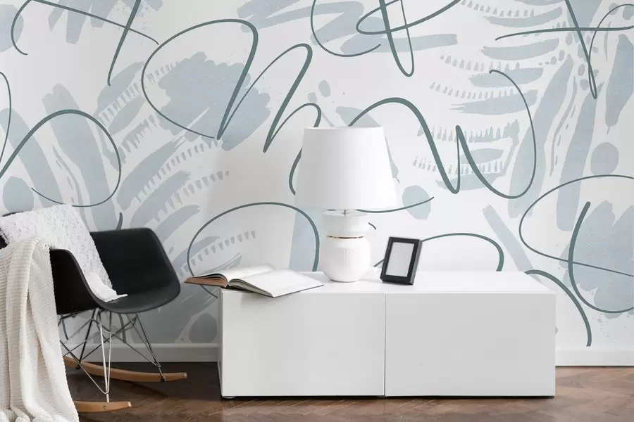 Fotobehang Kalligrafische abstractie met letters, penseelstreken, blauwe kleur w03913v1