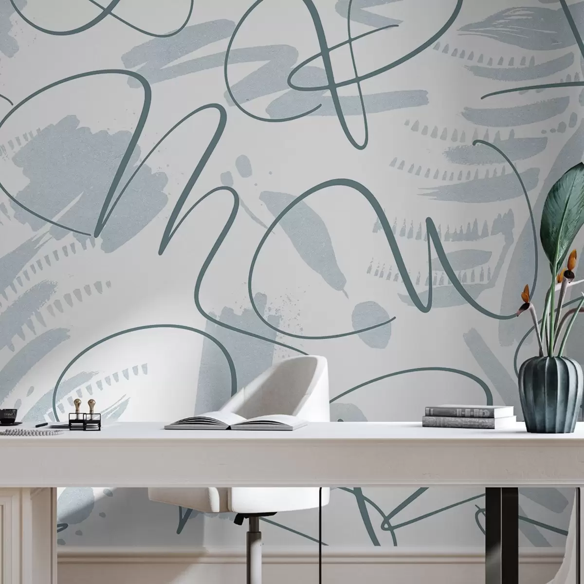 Fotobehang Kalligrafische abstractie met letters, penseelstreken, blauwe kleur w03913v1 kopen - Uwalls.nl Fotobehang Kalligrafische abstractie met letters, penseelstreken, blauwe kleur w03913v1