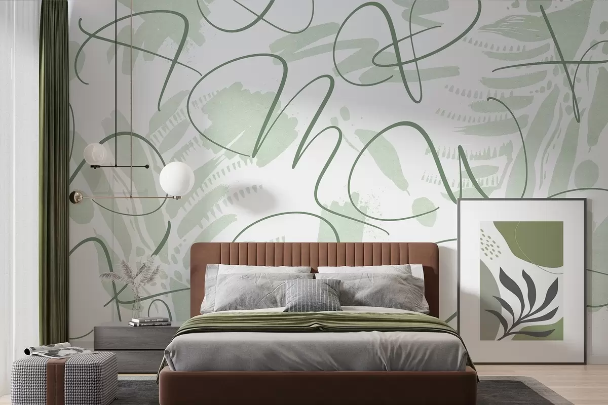 Fotobehang Kalligrafische abstractie met letters, penseelstreken, groene kleur w03913v3