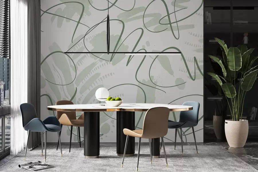 Fotobehang Kalligrafische abstractie met letters, penseelstreken, groene kleur w03913v3