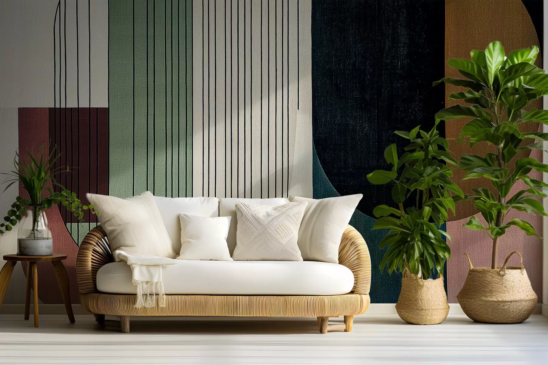 Fotobehang moderne abstracte geometrische compositie met overlappende vormen en verticale lijnpatronen, dunne lijnen die trapeziums en ovalen vullen, overlay van zachte textieltextuur, warme gedempte tinten zoals olijfgroen, taupe, beige en houtskool, subtiele transparantie-effecten tussen vormen w03937v3