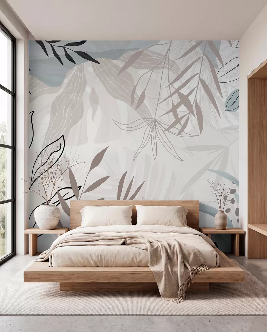 Fotobehang Abstract bloemen modern ontwerp met pastel beige, grijs, blauw en zwarte bladeren, delicate lijn kunst en zachte achtergrond  w09105