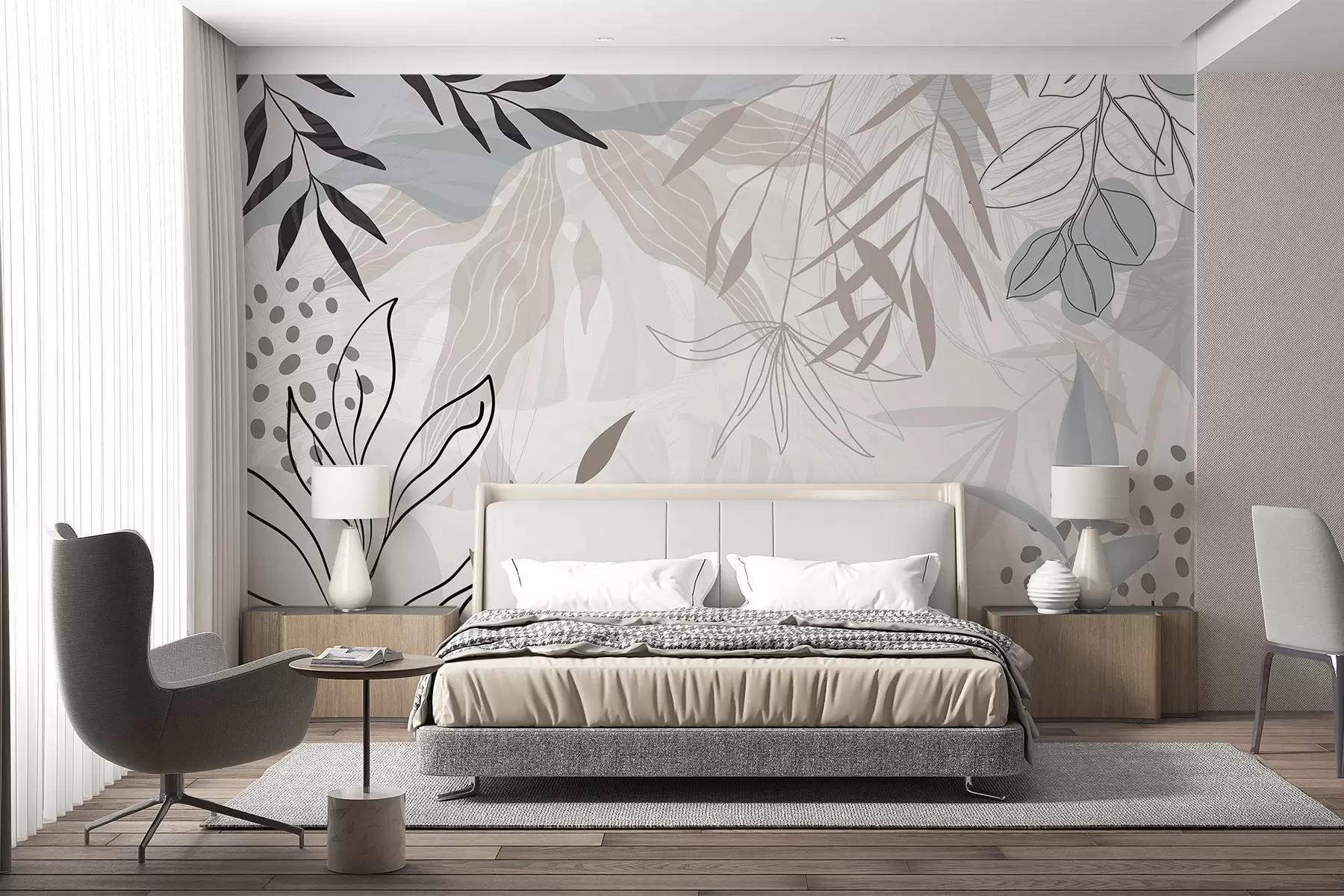 Fotobehang Abstract bloemen modern ontwerp met pastel beige, grijs, blauw en zwarte bladeren, delicate lijn kunst en zachte achtergrond  w09105