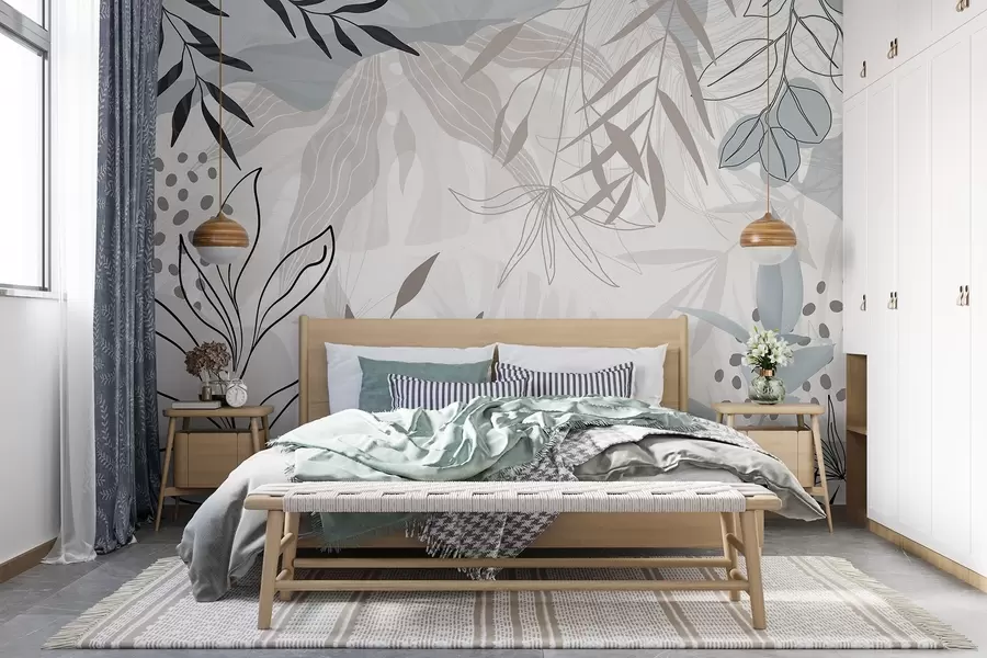 Fotobehang Abstract bloemen modern ontwerp met pastel beige, grijs, blauw en zwarte bladeren, delicate lijn kunst en zachte achtergrond  w09105
