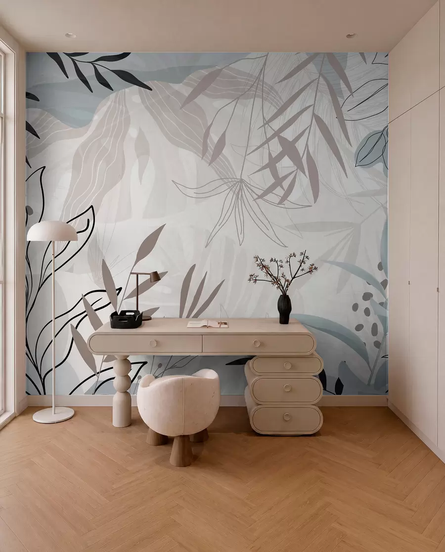 Fotobehang Abstract bloemen modern ontwerp met pastel beige, grijs, blauw en zwarte bladeren, delicate lijn kunst en zachte achtergrond  w09105