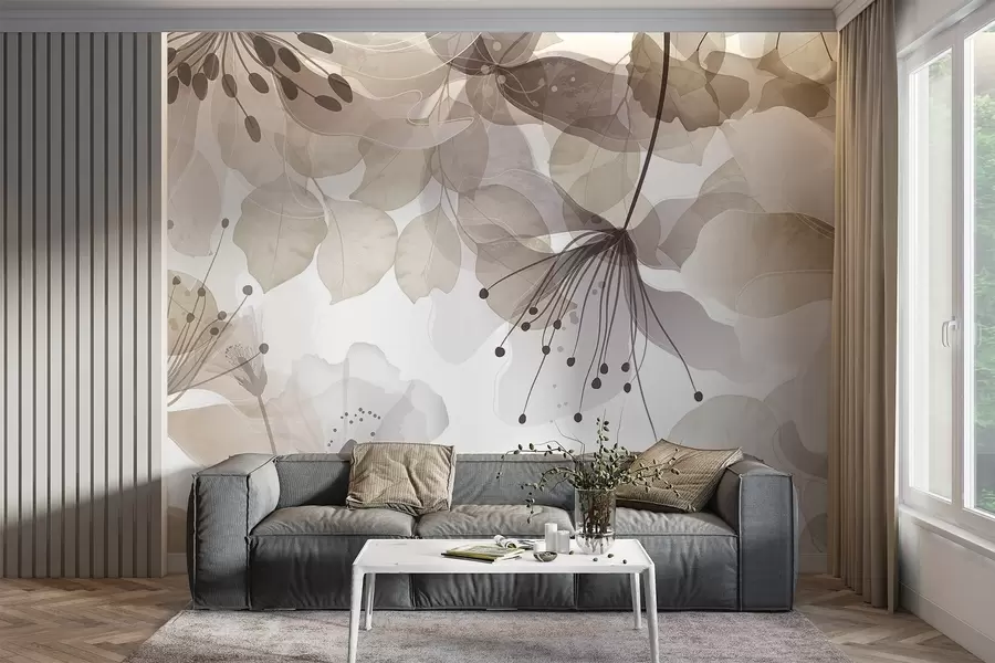 Fotobehang Bloemen en bladeren in beige kleuren, doorschijnende bloemblaadjes en bladeren, zacht aquareleffect, fijne lijnen, witte achtergrond w09107v1