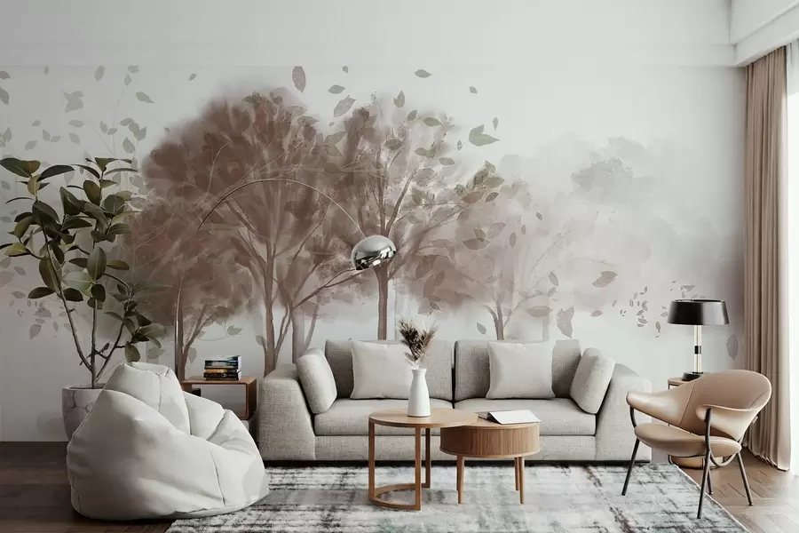 Fotobehang Abstract landschap met bomen met bruine bladeren die weerspiegelen in het water, in aquarel structuurstijl w09109v1