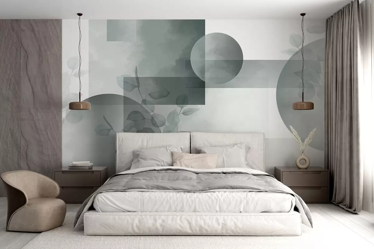 Fotobehang Abstract modern minimalistisch geometrisch ontwerp met cirkels en rechthoeken, eucalyptusbladeren, aquareleffect w09110