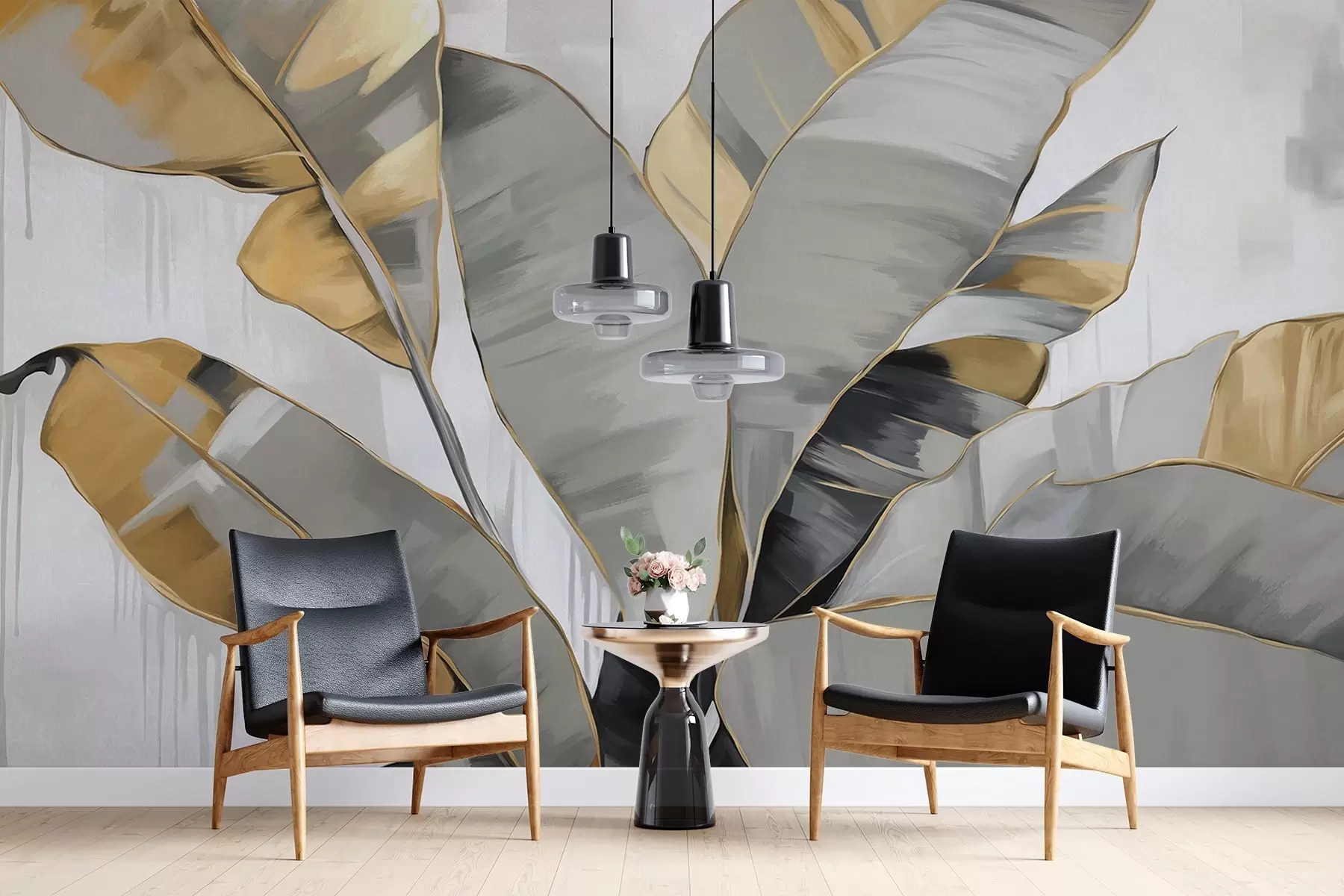 Fotobehang Banaan tropische getextureerde bladeren met grijze en gele tinten, moderne stijl, neutrale achtergrond, decoratief schilderij w09118