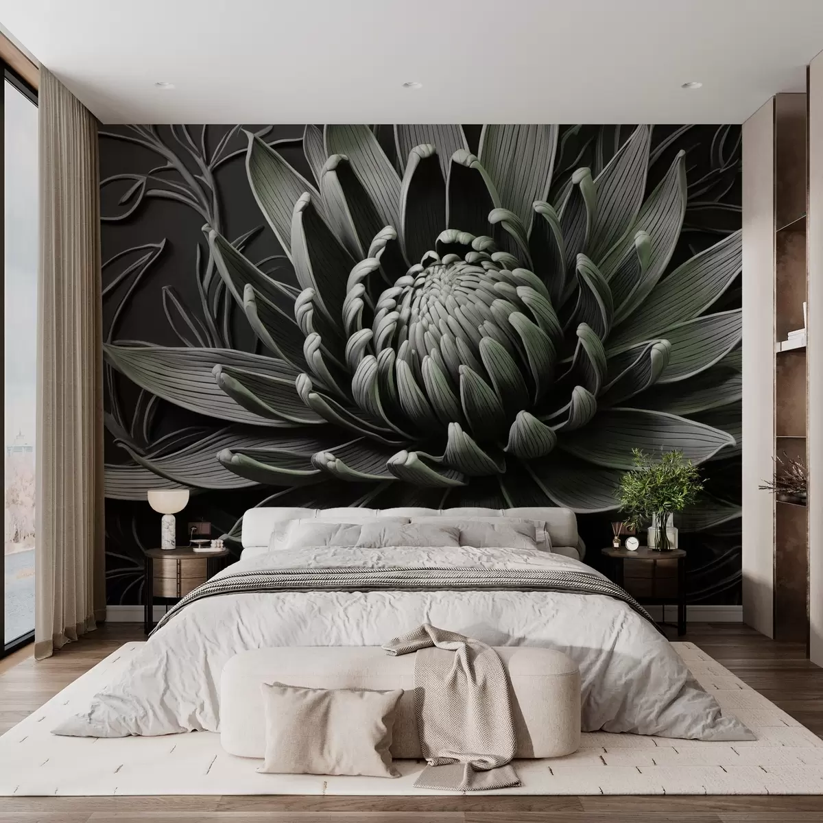 Fotobehang Proteabloem, groen en zwart w03930v3