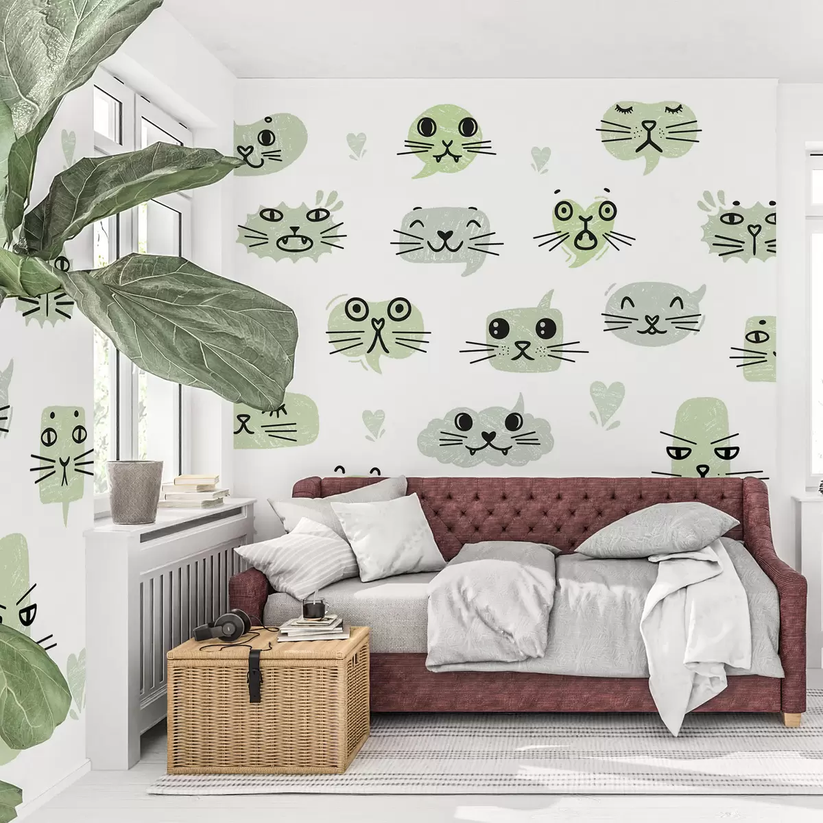 Fotobehang Kattengezichten in groene tinten w03951v3