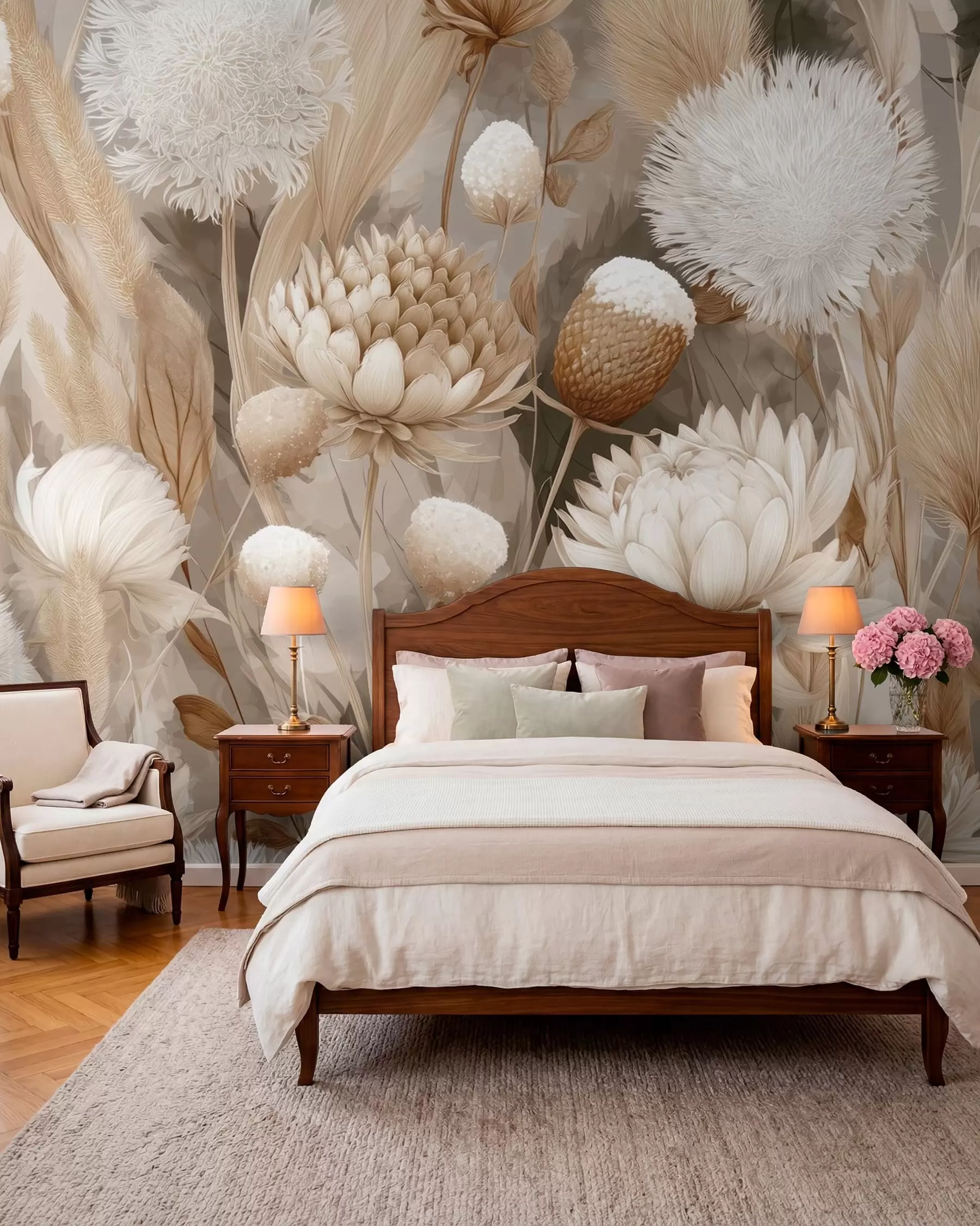 Fotobehang Boho harmonie: Bloemen met structuur in beige en crèmetinten w09121