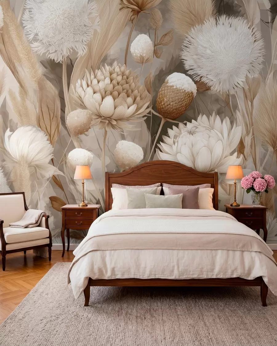 Fotobehang Boho harmonie: Bloemen met structuur in beige en crèmetinten w09121