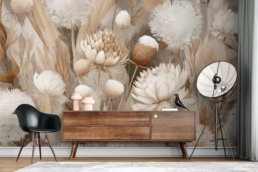 Fotobehang Boho harmonie: Bloemen met structuur in beige en crèmetinten w09121