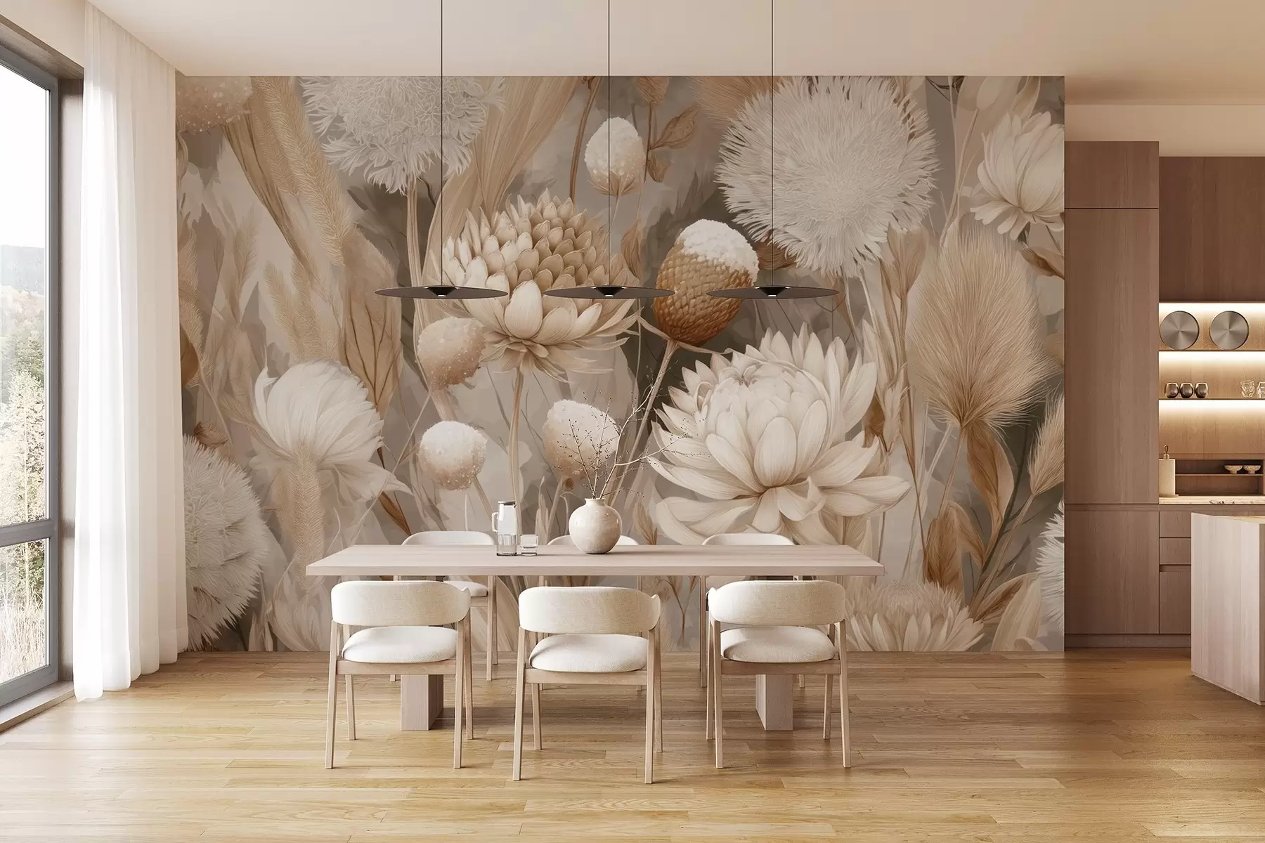 Fotobehang Boho harmonie: Bloemen met structuur in beige en crèmetinten w09121