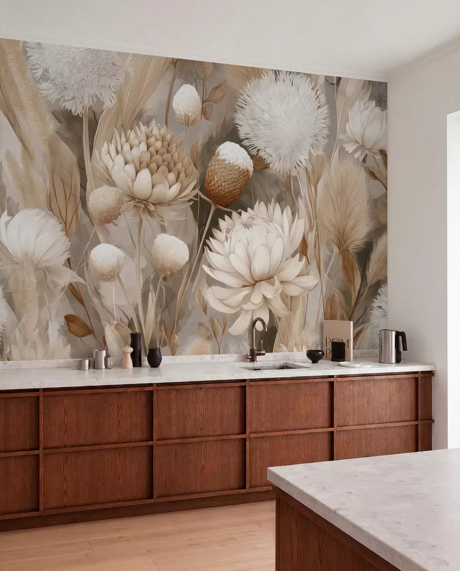Fotobehang Boho harmonie: Bloemen met structuur in beige en crèmetinten w09121