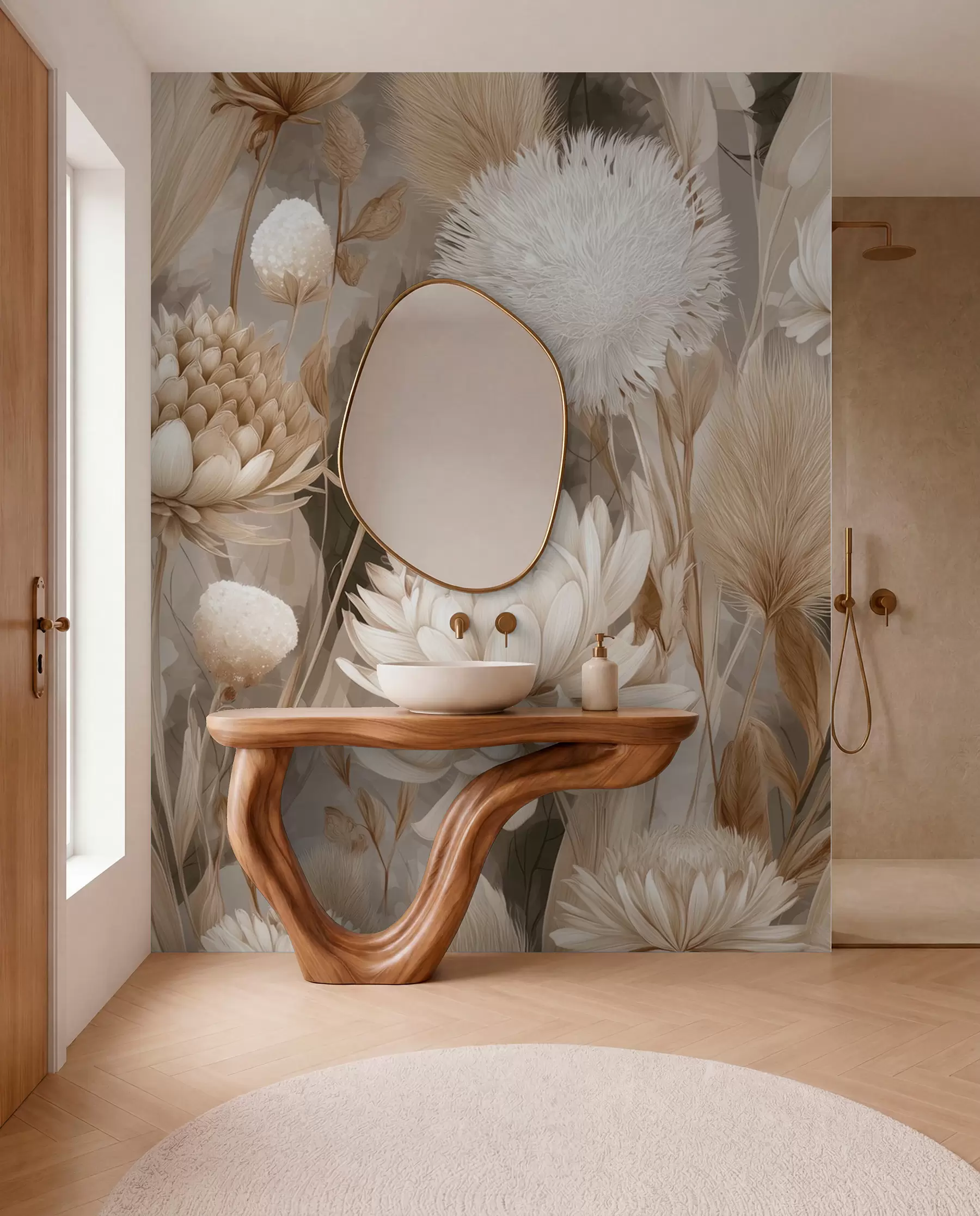 Fotobehang Boho harmonie: Bloemen met structuur in beige en crèmetinten w09121