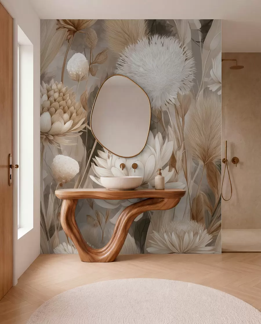 Fotobehang Boho harmonie: Bloemen met structuur in beige en crèmetinten w09121