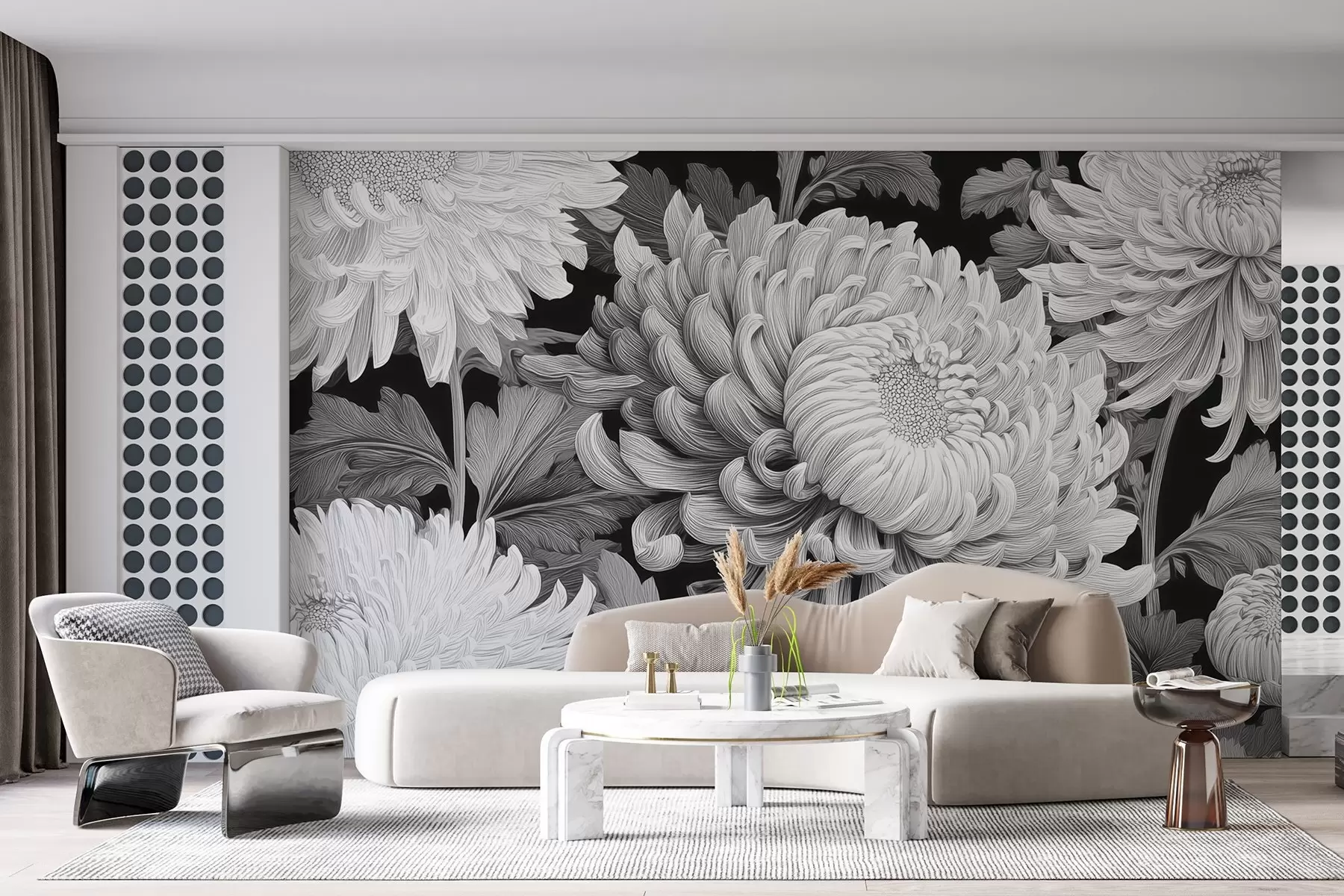 Fotobehang Zwart-witte grote orchideeën met bladeren w09125v1