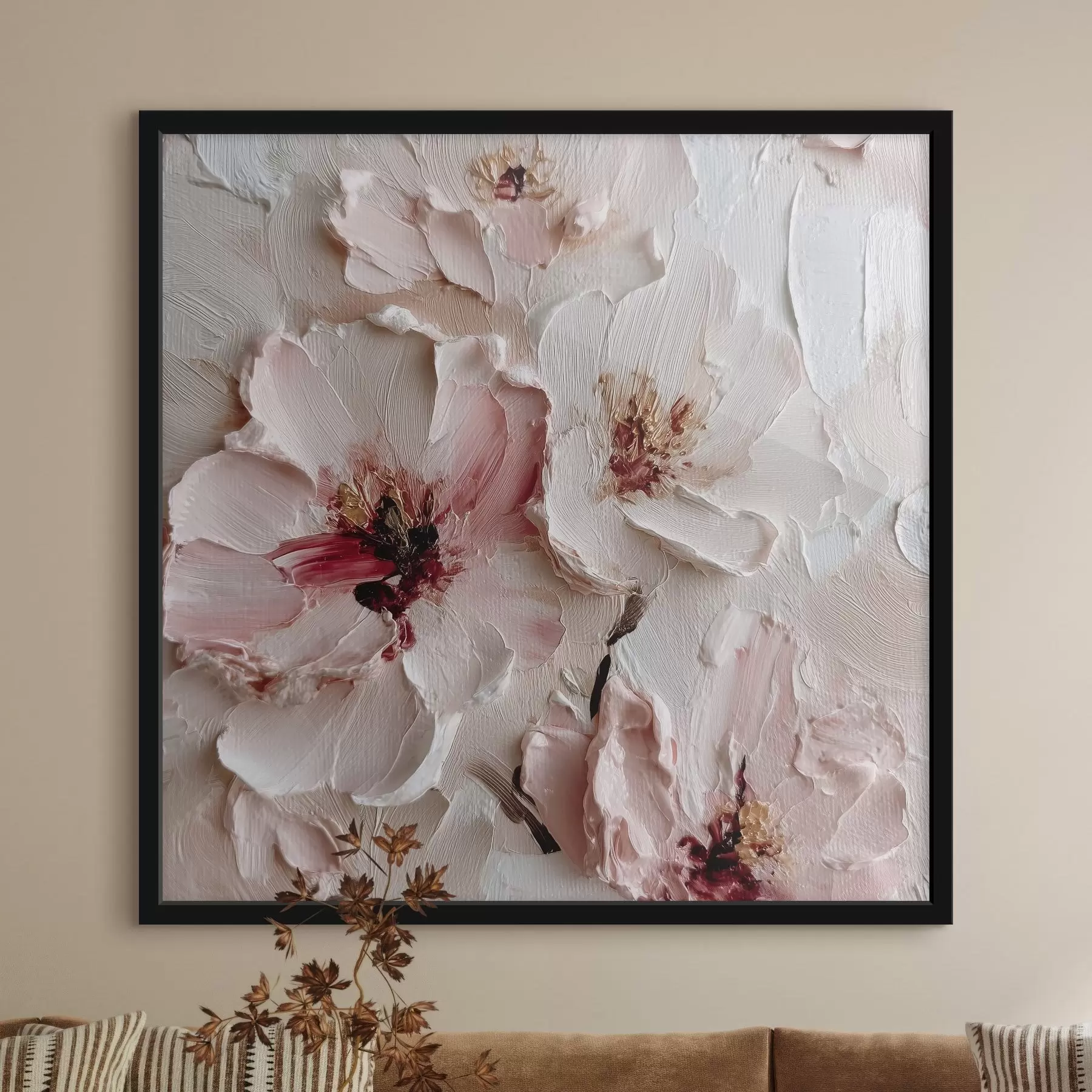 Fotobehang Bloemen met impasto-imitatie in roze en witte streken f44333