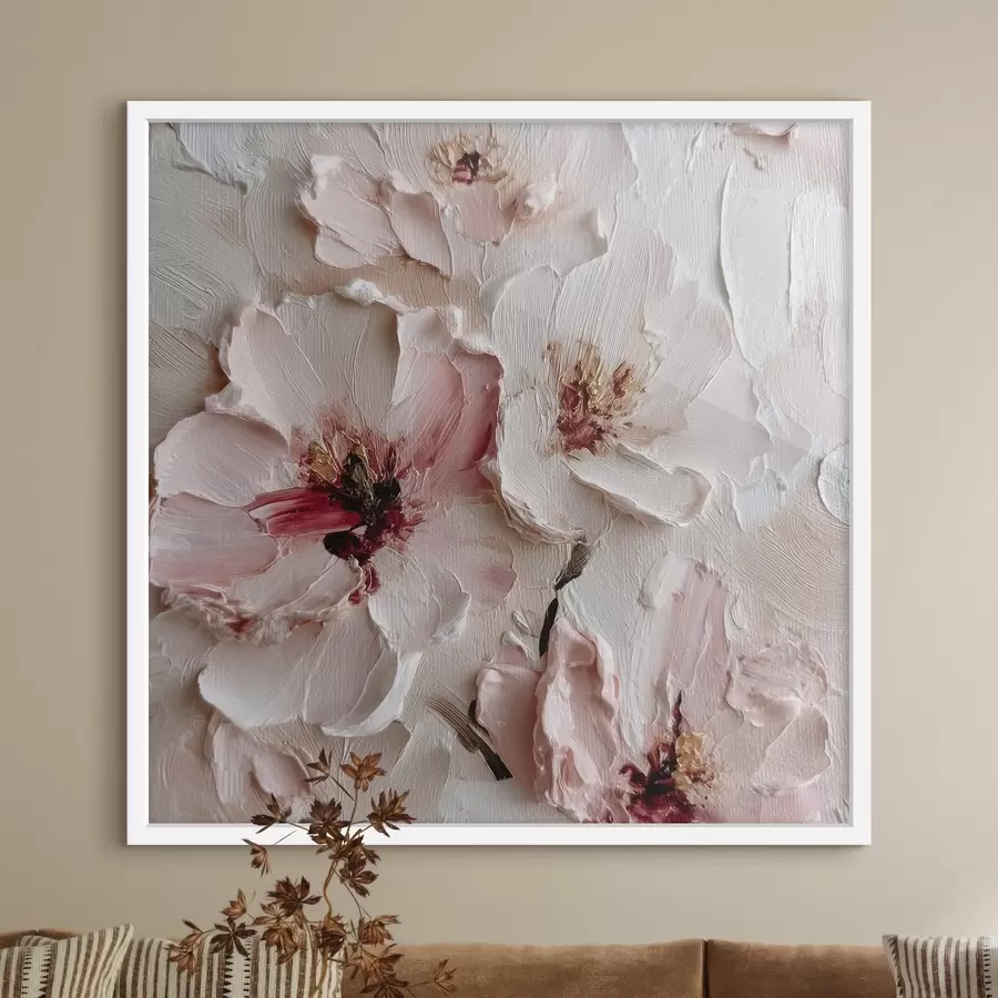Fotobehang Bloemen met impasto-imitatie in roze en witte streken f44333