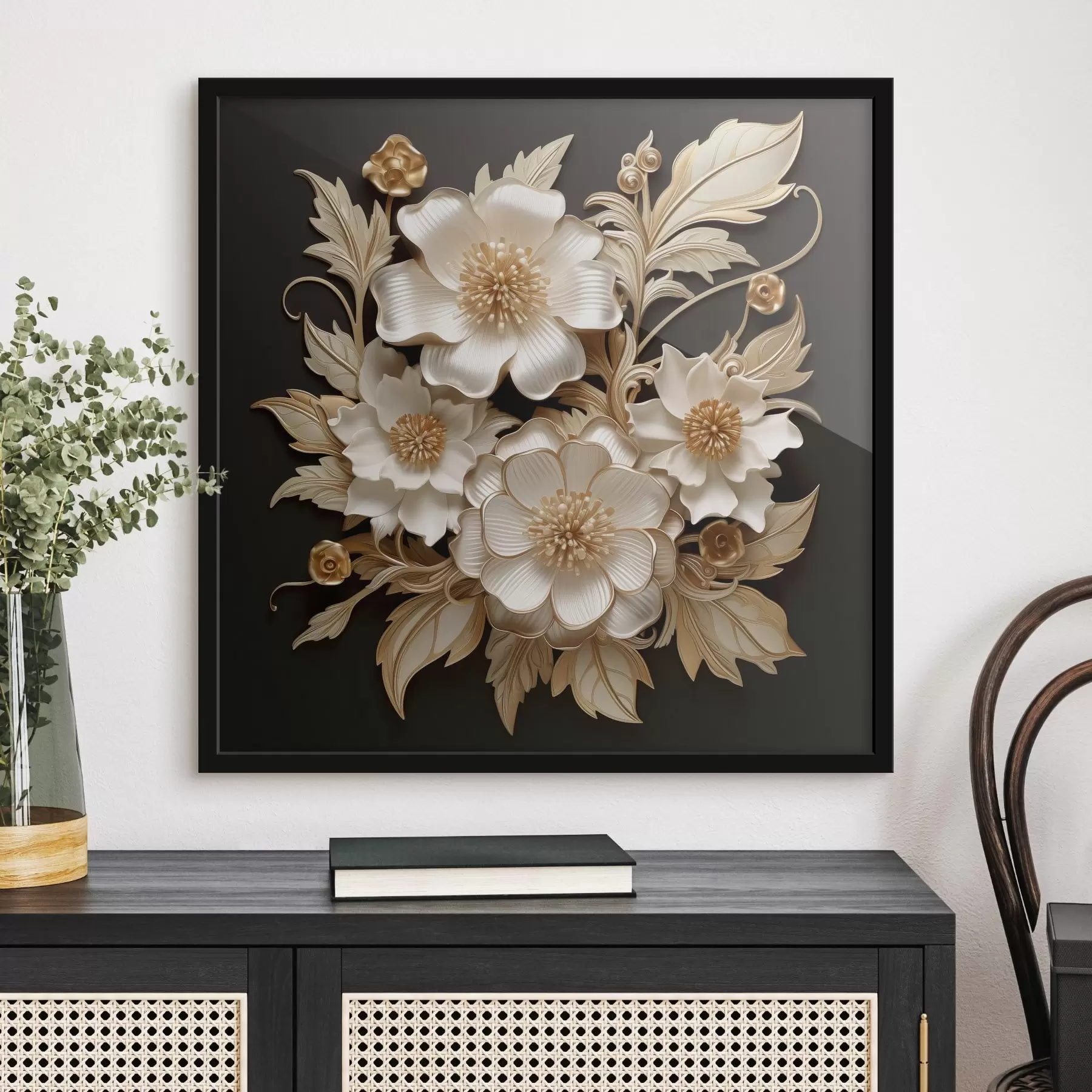 Fotobehang Volumineuze witte bloemen op een zwarte achtergrond f44340