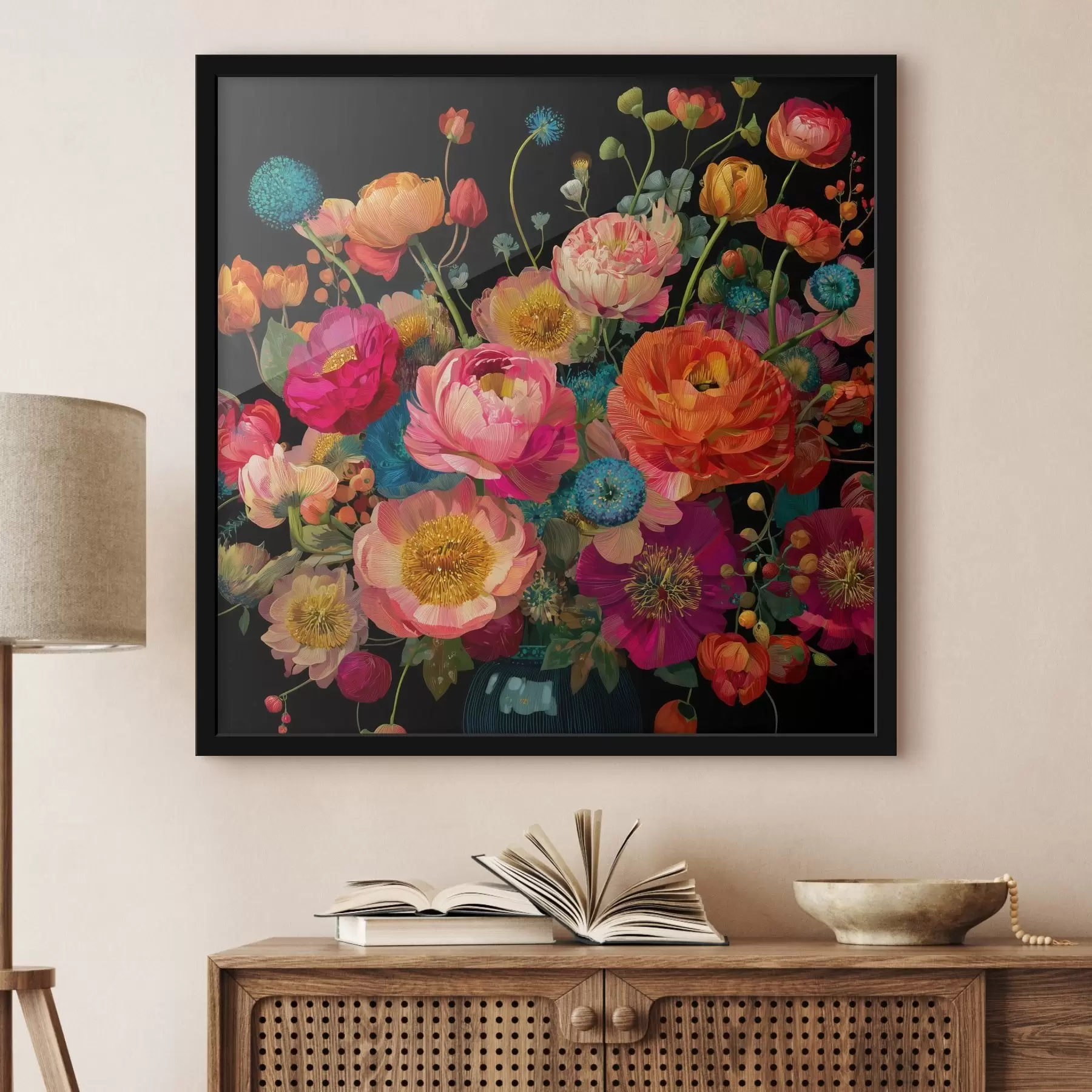 Fotobehang Extravaganza bloemen op zwarte achtergrond f44352