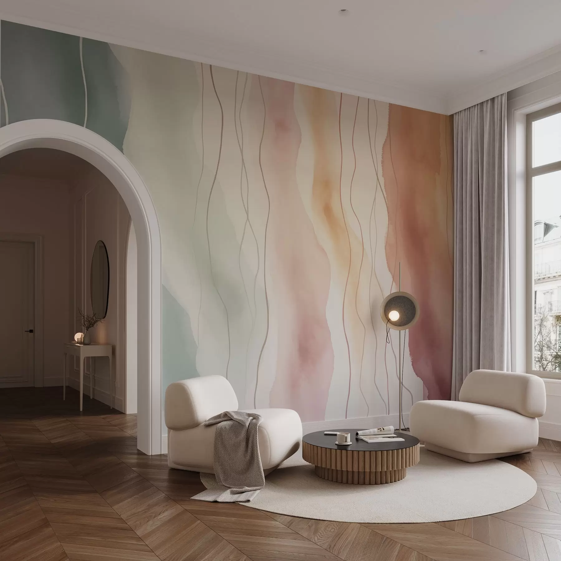 Fotobehang Abstracte aquarelgolven in warme en koele kleuren w03989