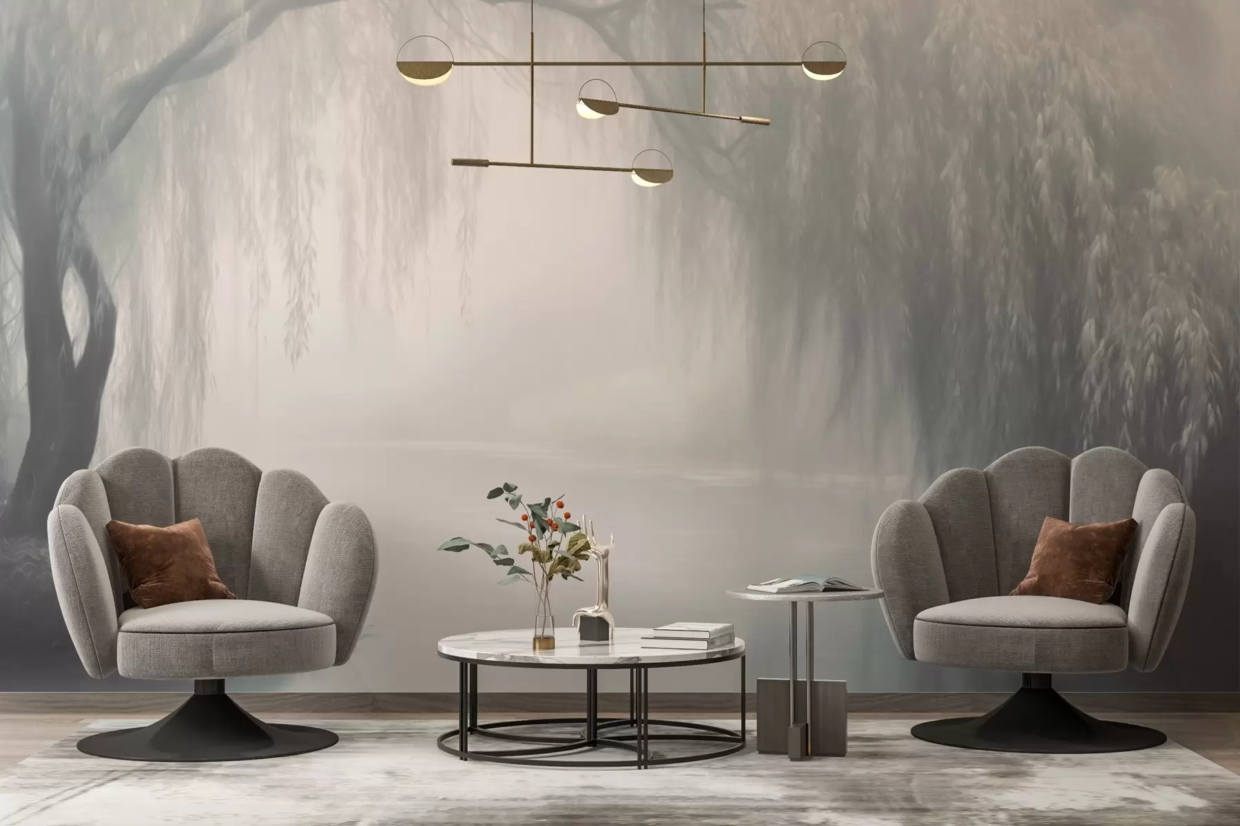 Fotobehang Mystieke wilgenbank in de ochtendmist w03995