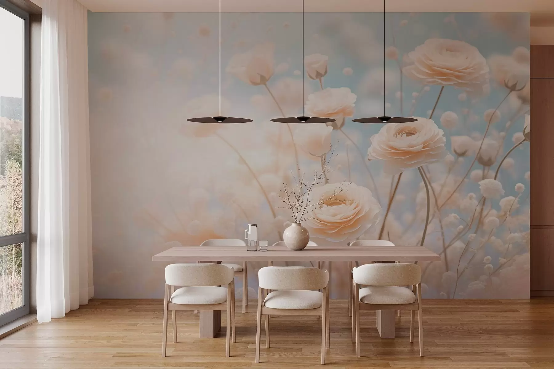 Fotobehang Delicate crèmekleurige rozen op een lichtblauwe achtergrond w03997