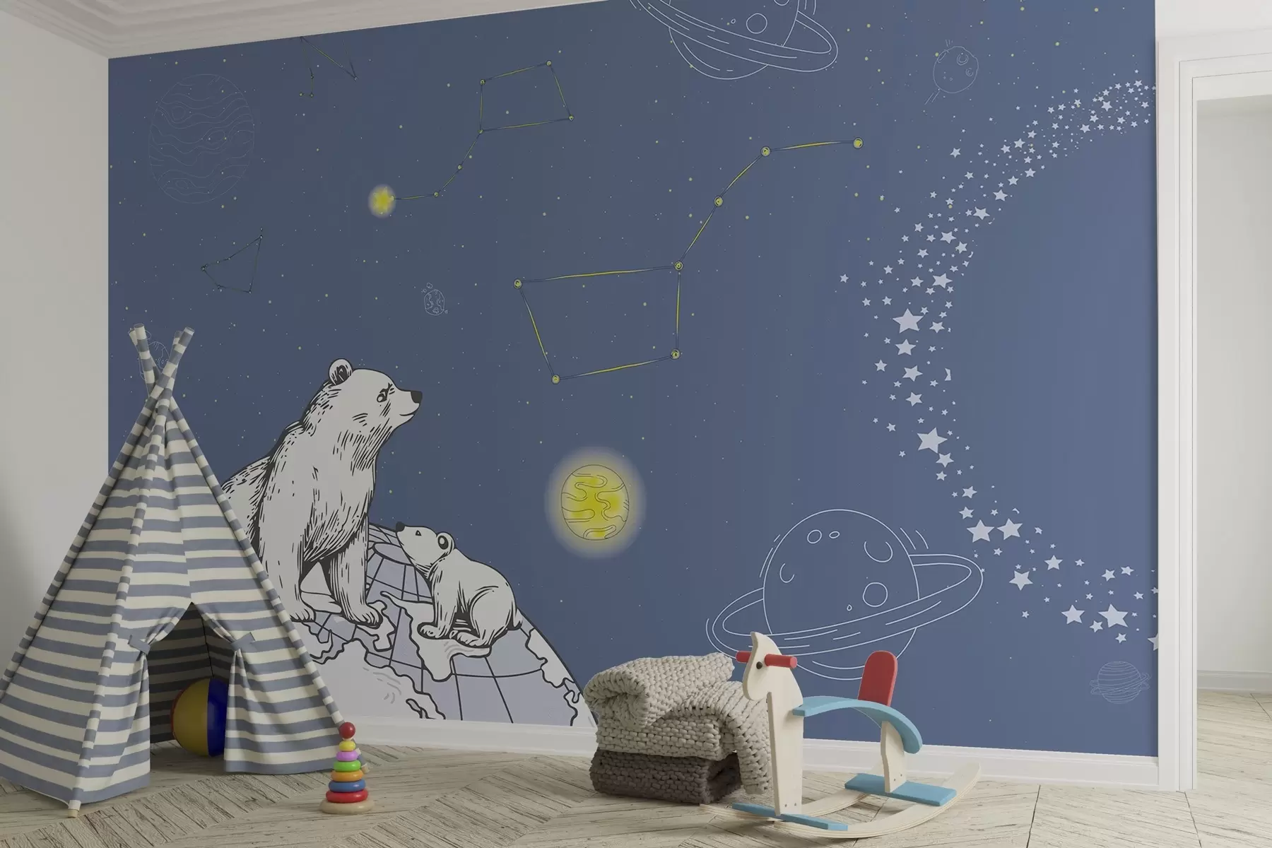 Fotobehang Beren en sterren op blauwe achtergrond, nachtelijke astronomie w04002v1