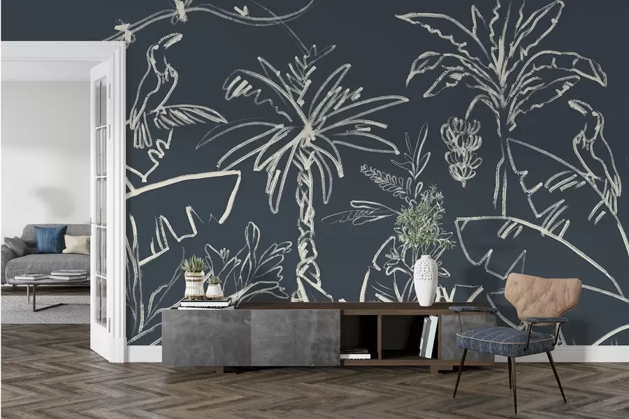 Fotobehang Tropisch patroon op donkerblauwe achtergrond, palmbomen, bananen w04020v4