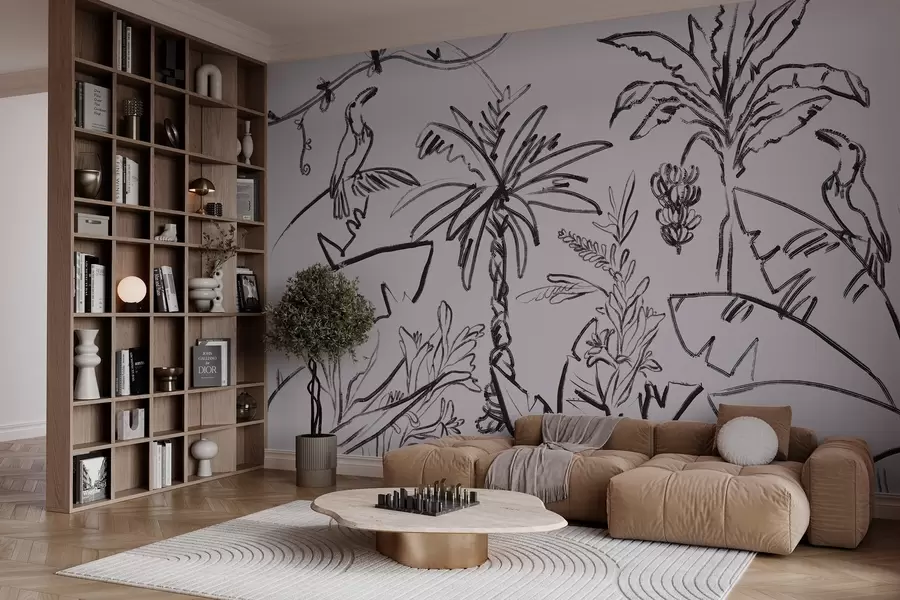 Fotobehang Tropisch patroon in zwarte kleur, palmbomen, bananen, omtrekafbeelding w04020v7