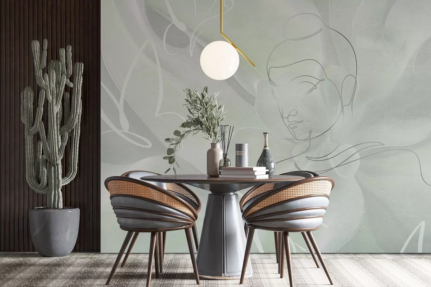 Fotobehang Bloemenabstractie met Boeddha lijntekening, groene kleuren w04004v3