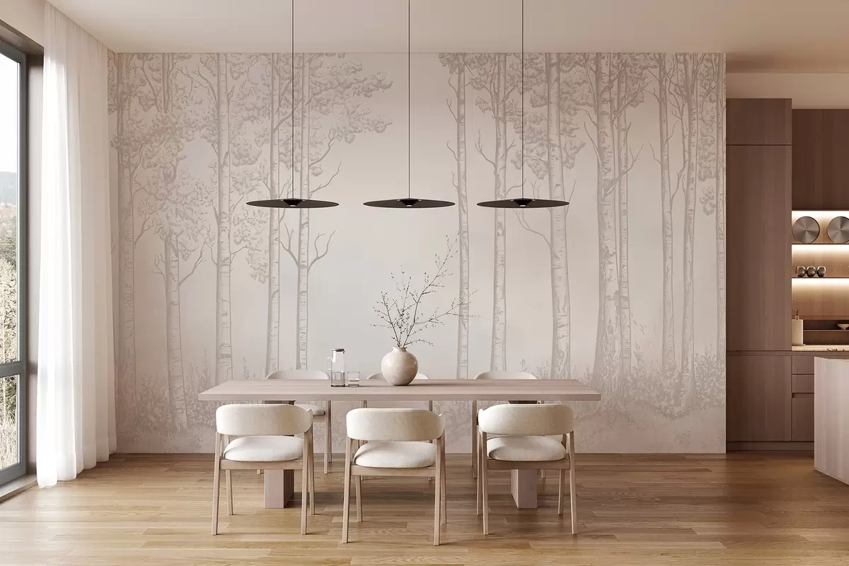 Fotobehang Bos met berken, minimalisme, natuur, beige kleurenpalet  w04009v3