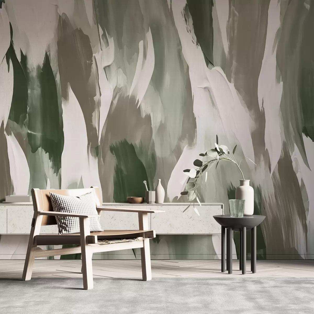 Fotobehang Abstracte penseelstreekcompositie in aardachtig groen, taupe en ivoor, die een geaard, op de natuur geïnspireerd ritme oproept w04035v1