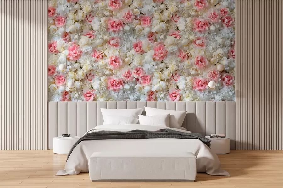 Fotobehang een bloeiende muur van pioenen w03963