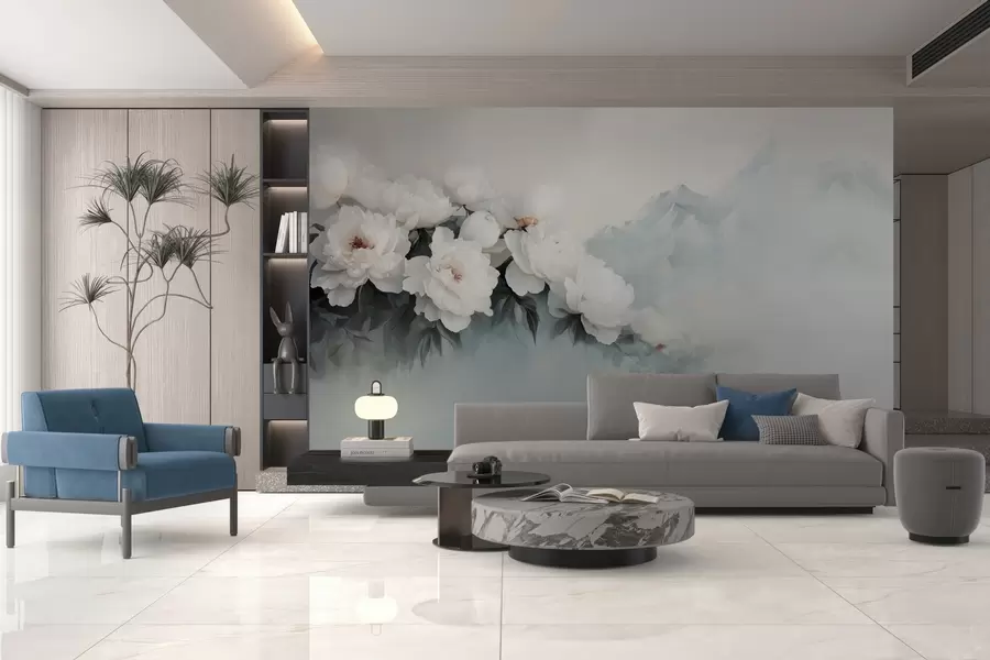 Fotobehang schilderachtige weelderige witte pioenrozen tegen de achtergrond van mistige bergen w03965