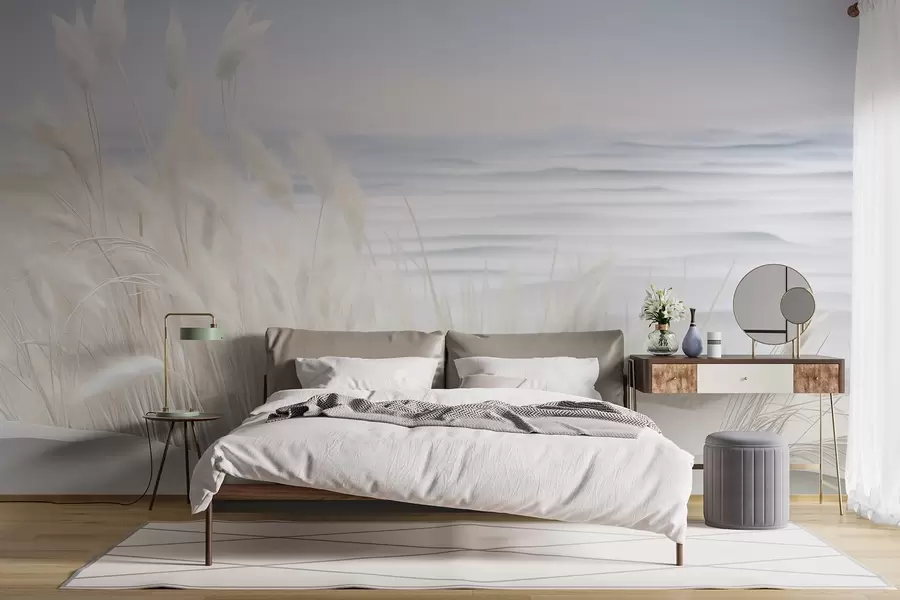 Fotobehang Landschap met wit pampagras op een zandduin, met een lichtblauwe oceaan op de achtergrond, zachte, minimalistische stijl w09132