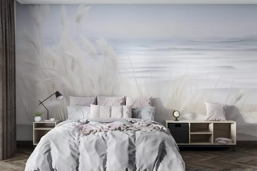 Fotobehang Landschap met wit pampagras op een zandduin, met een lichtblauwe oceaan op de achtergrond, zachte, minimalistische stijl w09132