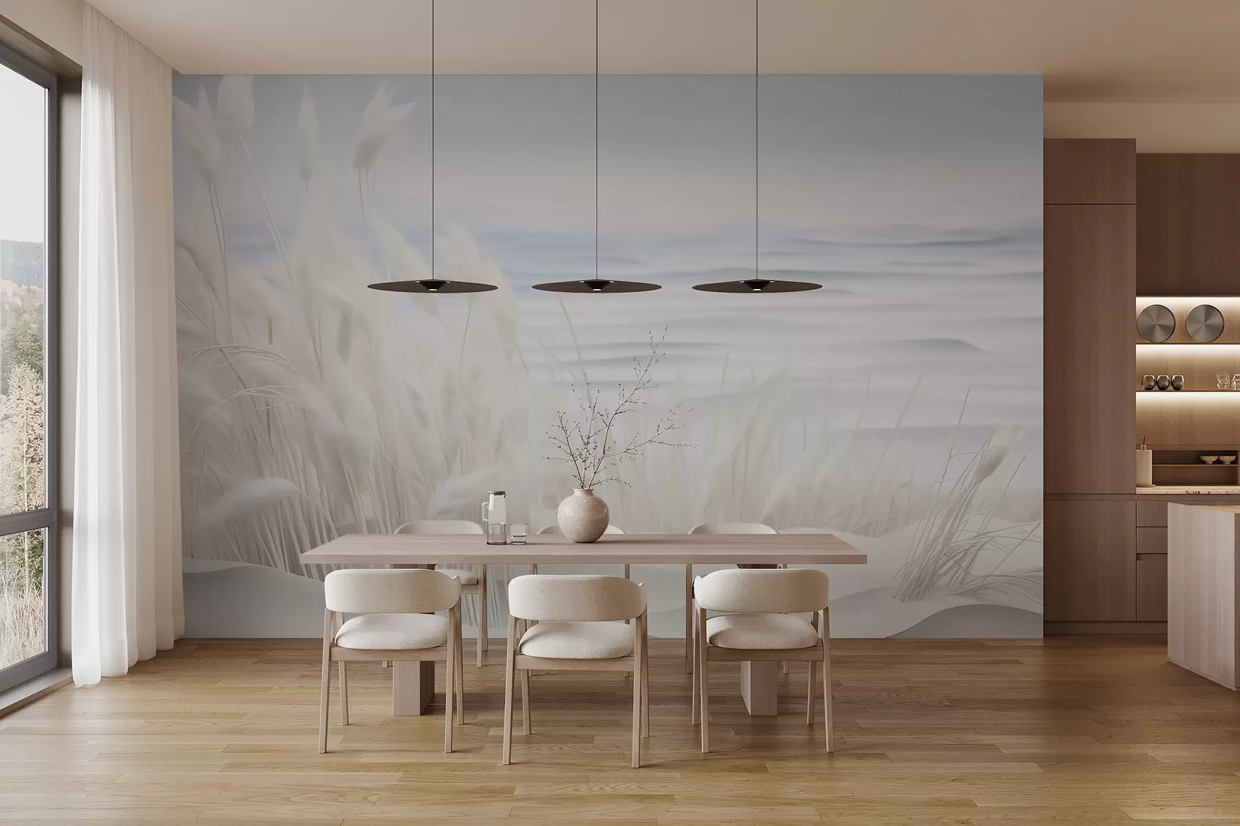Fotobehang Landschap met wit pampagras op een zandduin, met een lichtblauwe oceaan op de achtergrond, zachte, minimalistische stijl w09132