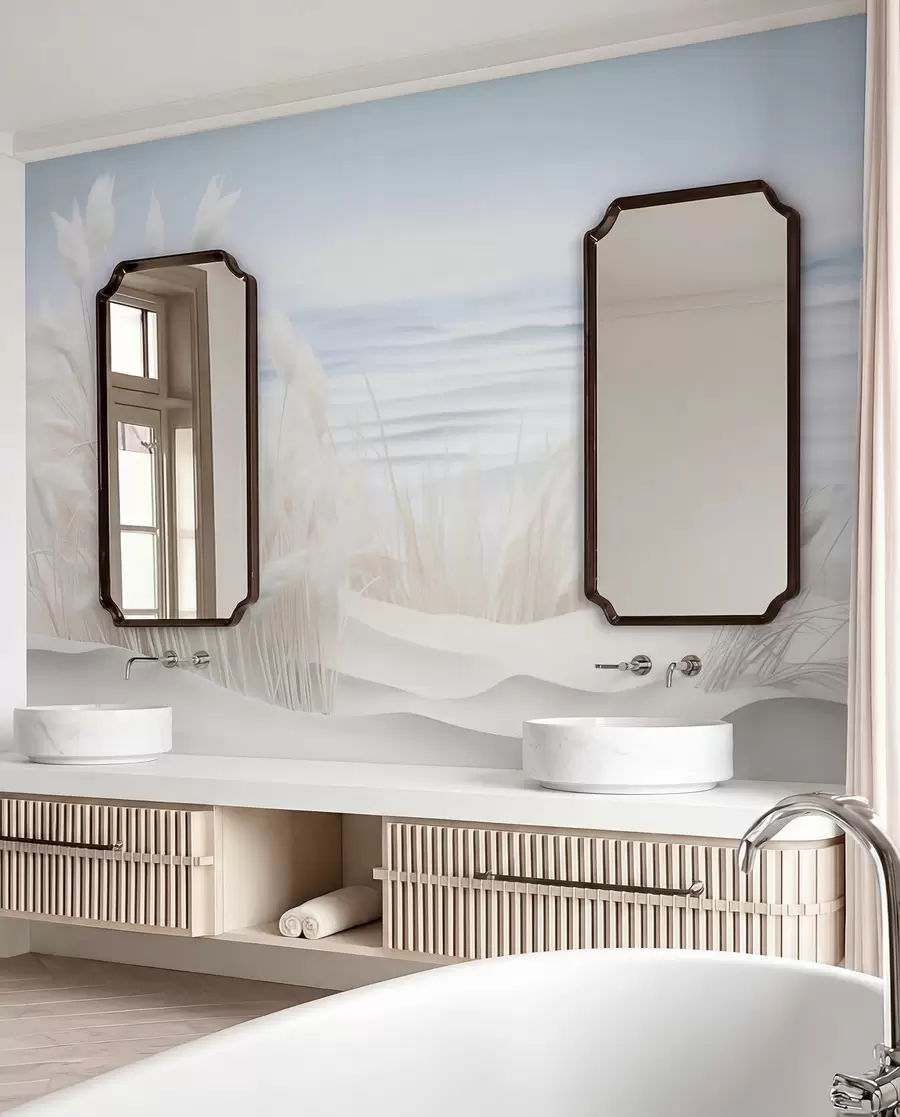 Fotobehang Landschap met wit pampagras op een zandduin, met een lichtblauwe oceaan op de achtergrond, zachte, minimalistische stijl w09132