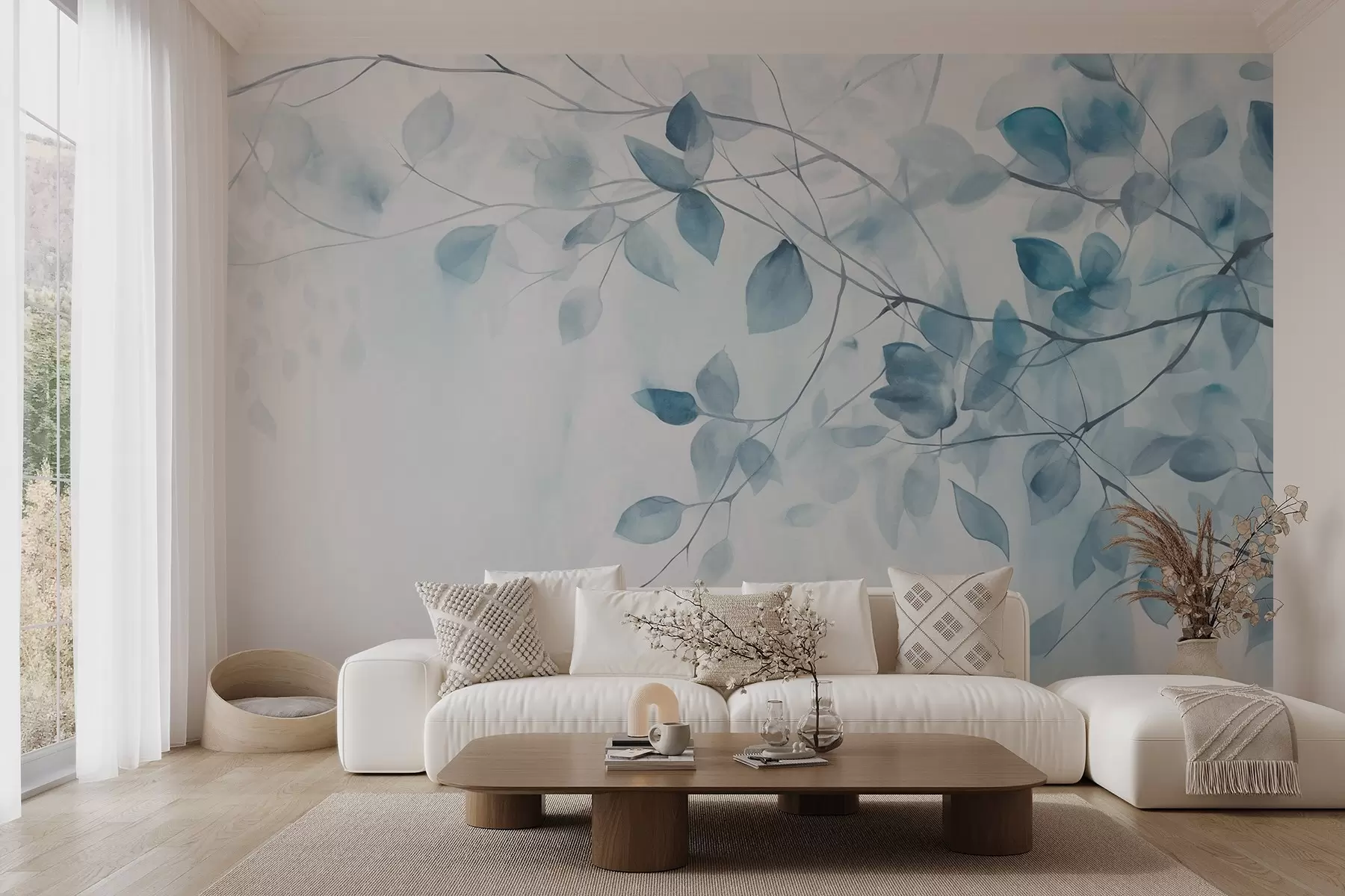 Fotobehang Texturaal aquarelschilderij imitatie van blauwe bladeren en takken, zachte kleuren, delicate details tegen een witte achtergrond w09133v1
